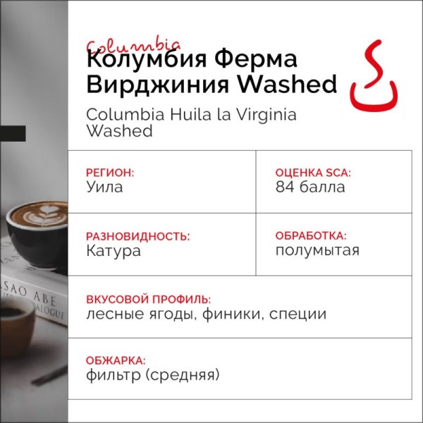 Кофе Колумбия Уила ферма Вирджиния, Катурра полумытая "SOLO CUP",  250г