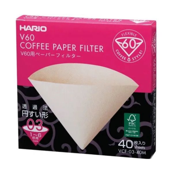 HARIO Фильтры бумажные для воронок V60 на 1-6 чашек натуральные VCF-03-40M, 40 шт