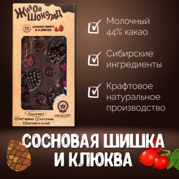 Живой шоколад Сосновая шишка и Клюква. Молочный 44% DELICERT, 100 г